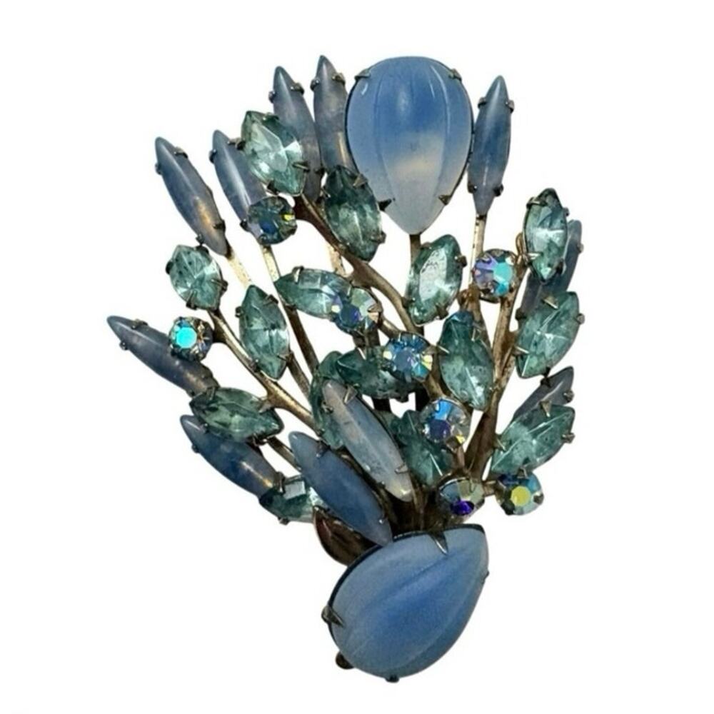 Vintage Blue Rhinestone Floral Spray Brooch Aurora Borealis Crystal Gold Tone